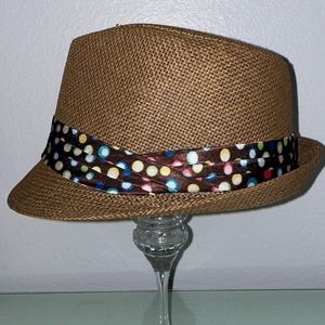 WESTEND paper fedora hat small/medium polka dot fabric brown white blue pink